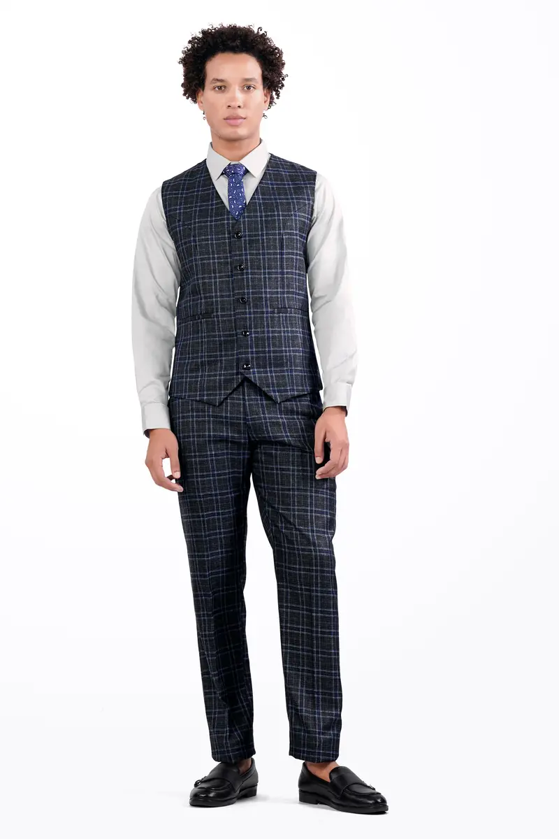 Bleached Black And Marine Blue Plaid Tweed Waistcoat 5