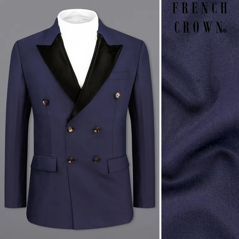 Bleached Cedar Blue Double Breasted Black Lapel Designer Blazer 1