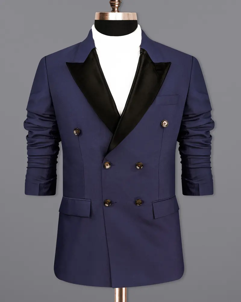 Bleached Cedar Blue Double Breasted Black Lapel Designer Blazer 10