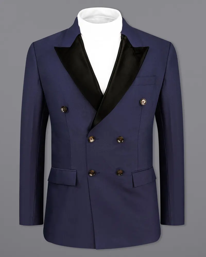 Bleached Cedar Blue Double Breasted Black Lapel Designer Blazer 2
