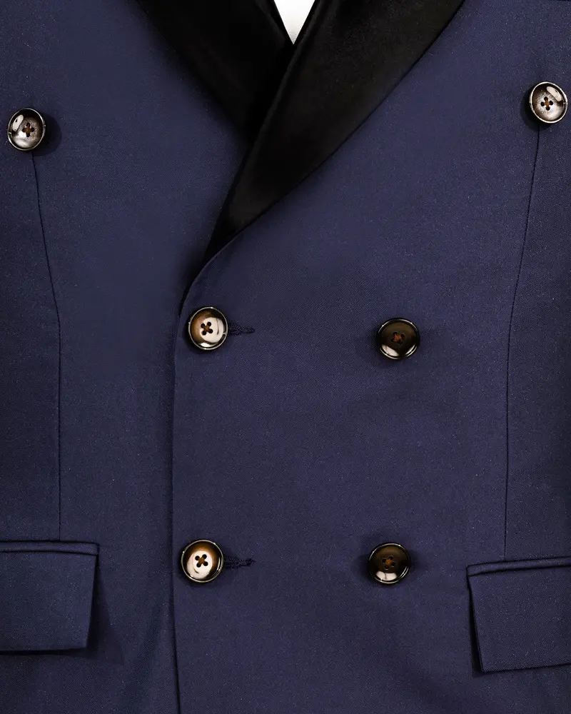 Bleached Cedar Blue Double Breasted Black Lapel Designer Blazer 4