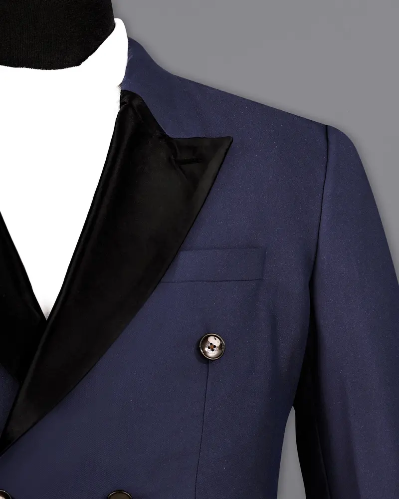 Bleached Cedar Blue Double Breasted Black Lapel Designer Blazer 6