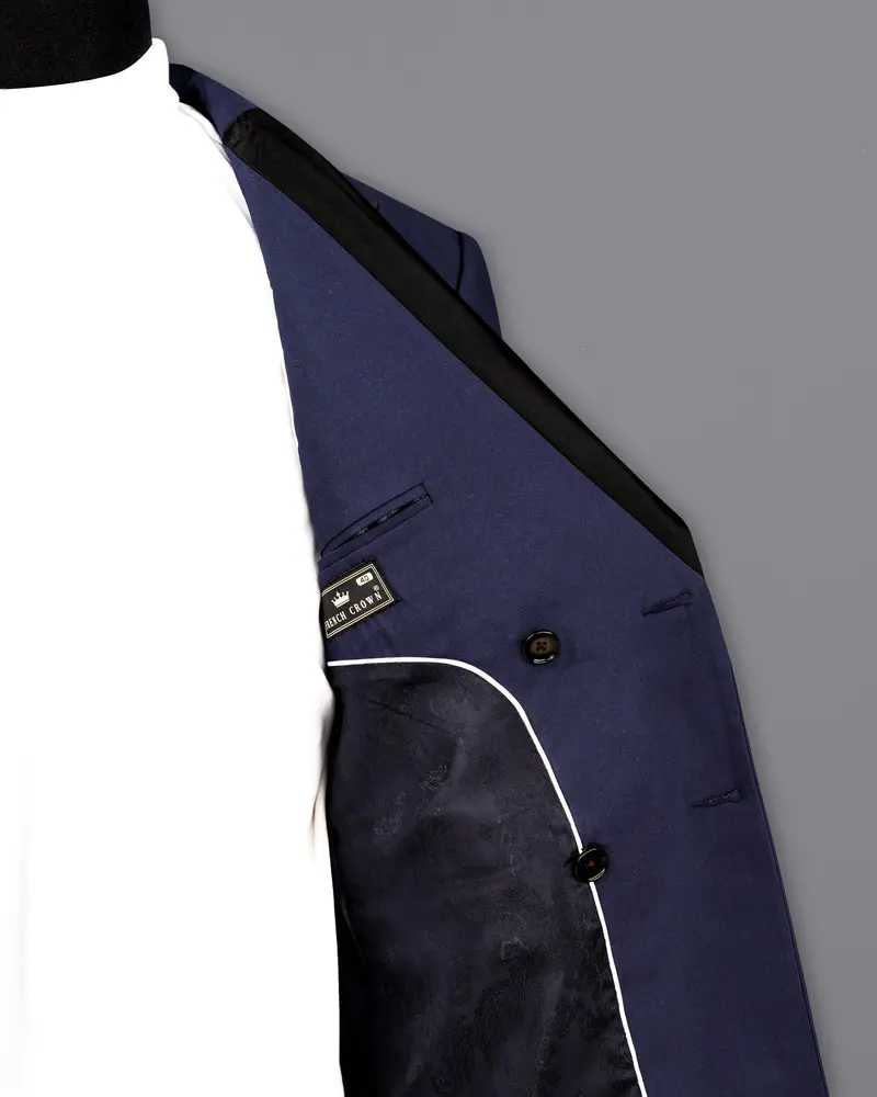 Bleached Cedar Blue Double Breasted Black Lapel Designer Blazer 7