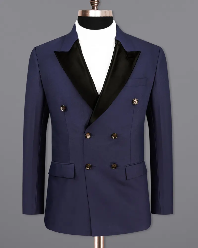 Bleached Cedar Blue Double Breasted Black Lapel Designer Blazer 8
