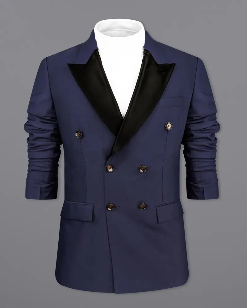Bleached Cedar Blue Double Breasted Black Lapel Designer Blazer 9