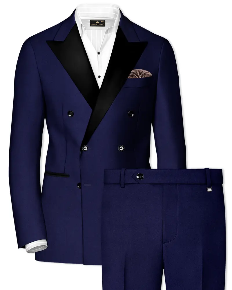 Bleached Cedar Blue Double Breasted Black Lapel Designer Suit 1