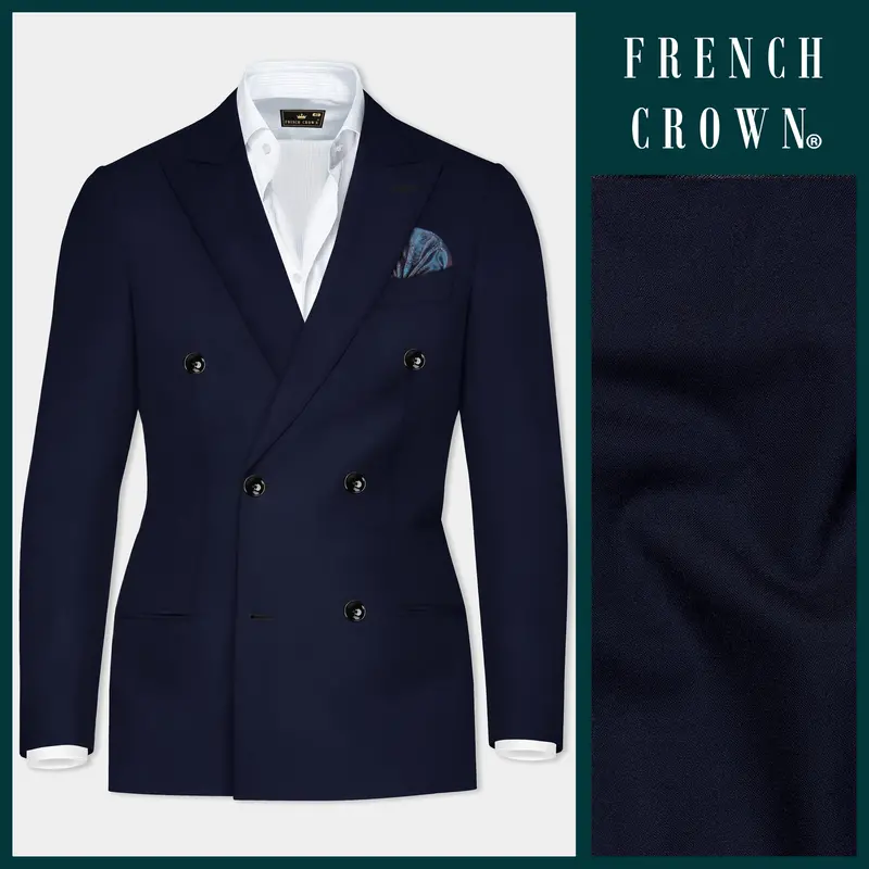 Bleached Cedar Blue Stretchable Wool Rich Double Breasted Traveler Blazer 1