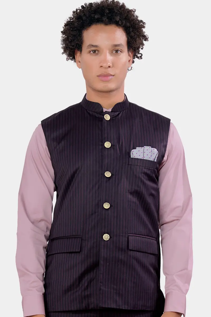 Bleached Purple Striped And Antique Brown Wool Rich Nehru Jacket 2
