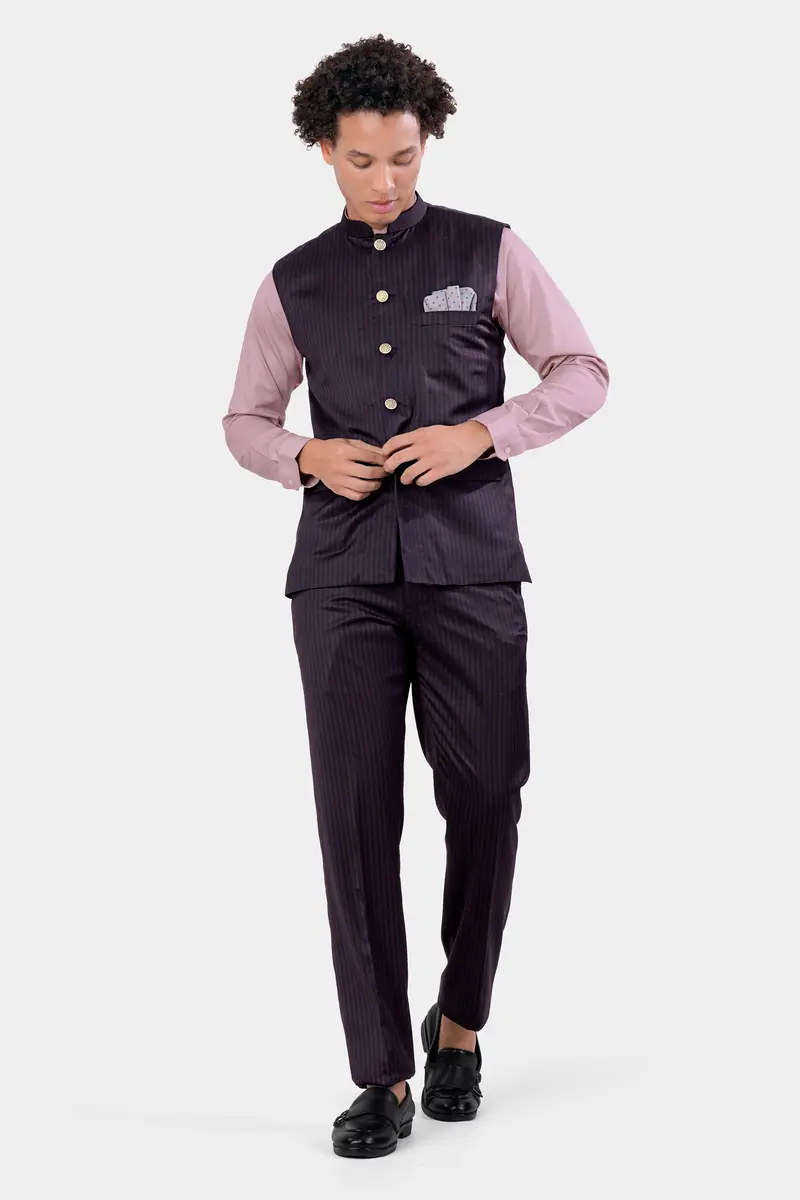 Bleached Purple Striped And Antique Brown Wool Rich Nehru Jacket 5