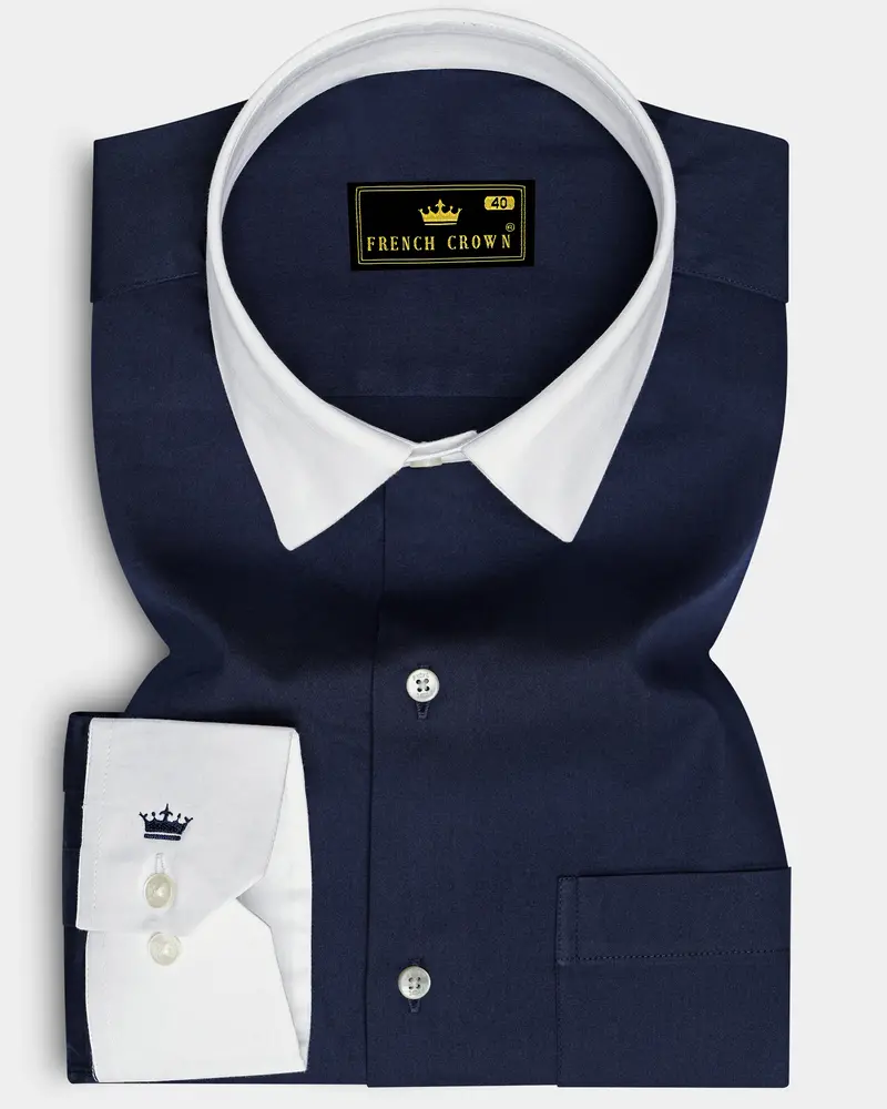 Bleunoir-Midnight Blue Subtle Sheen Super Soft Premium White Cuff Collar Dress Shirt 1