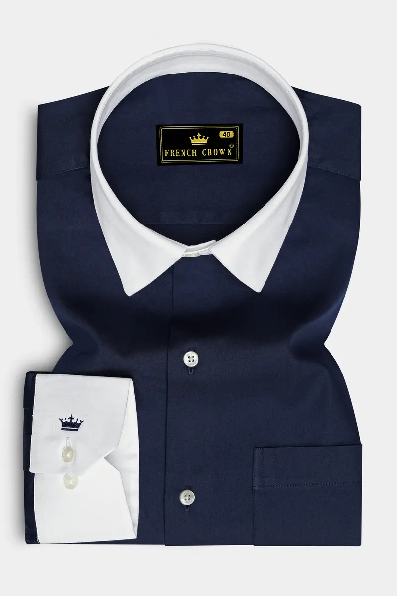 Bleunoir-Midnight Blue Subtle Sheen Super Soft Premium White Cuff Collar Dress Shirt 2