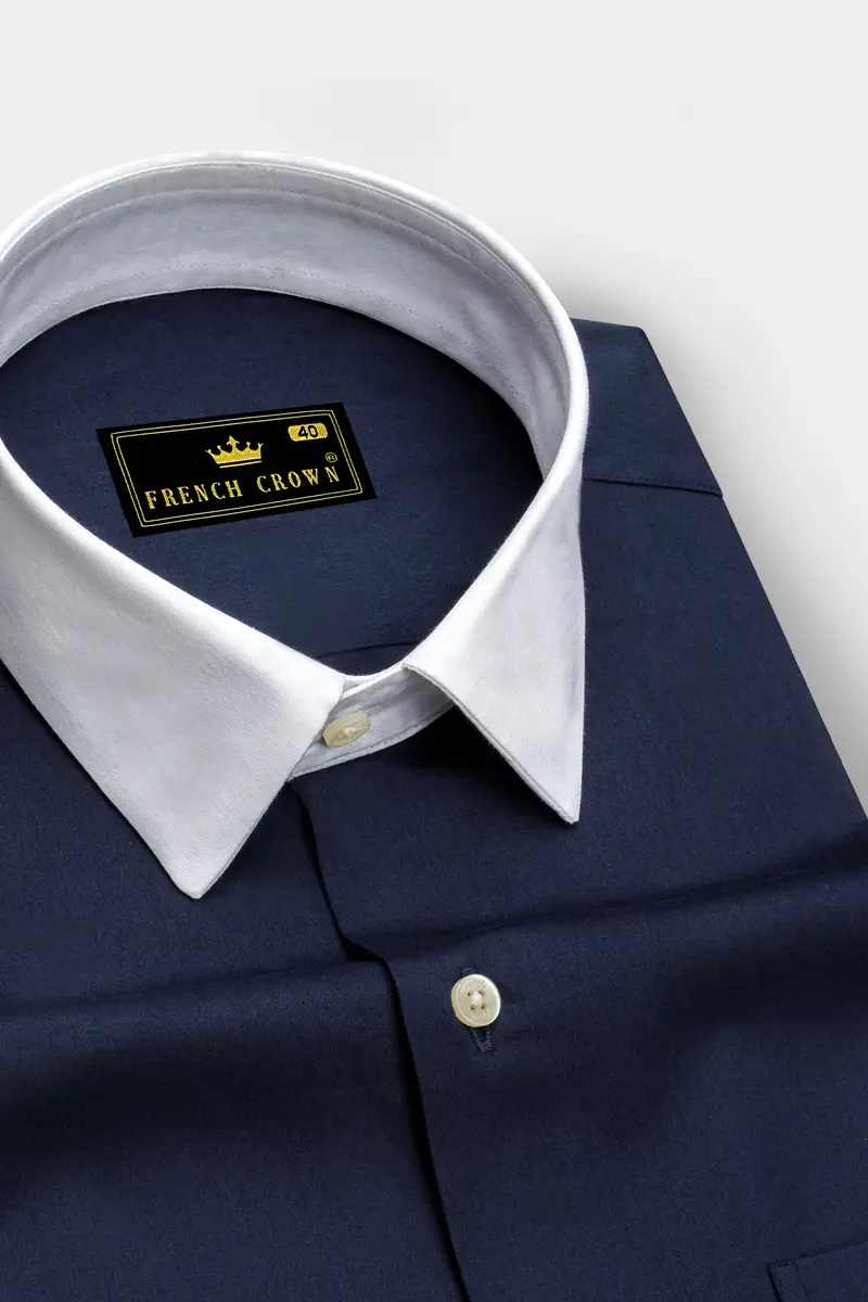 Bleunoir-Midnight Blue Subtle Sheen Super Soft Premium White Cuff Collar Dress Shirt 4
