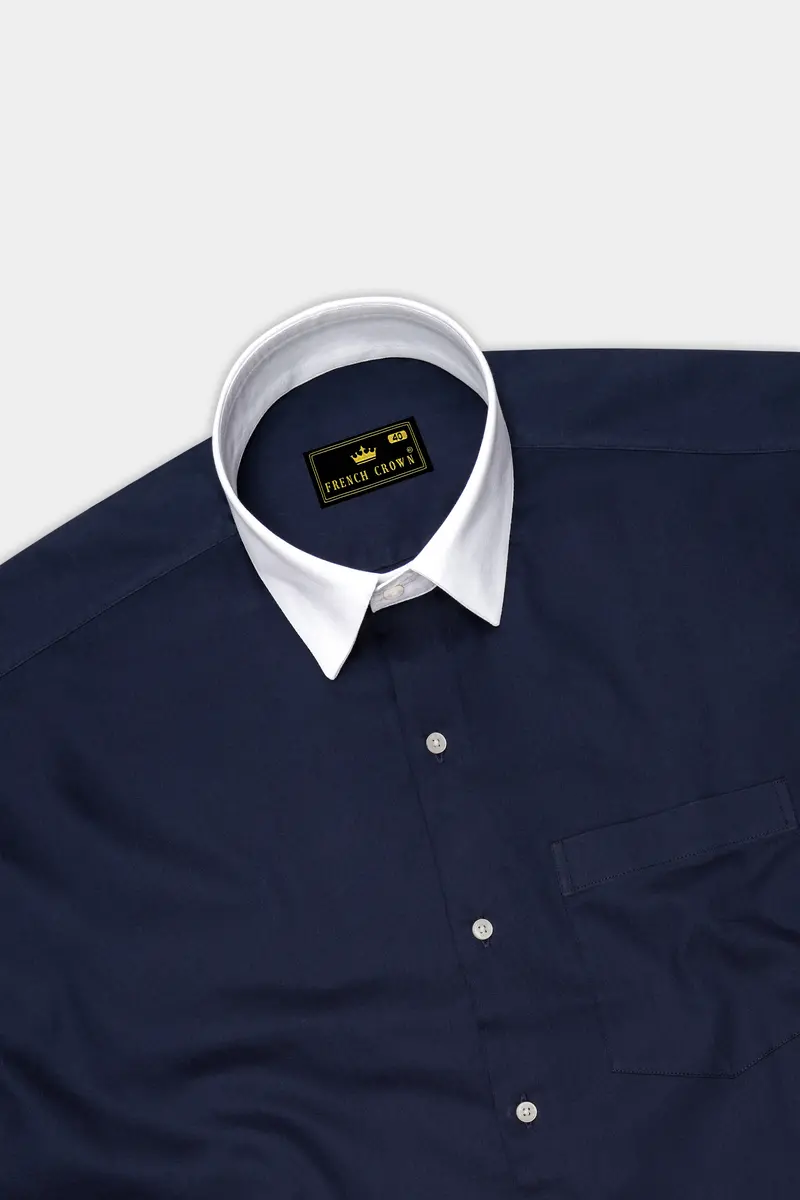 Bleunoir-Midnight Blue Subtle Sheen Super Soft Premium White Cuff Collar Dress Shirt 5