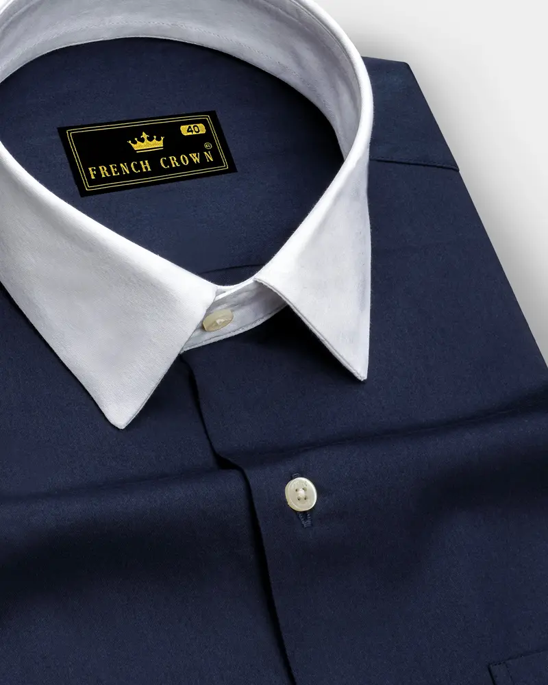 Bleunoir-Midnight Blue Subtle Sheen Super Soft Premium White Cuff Collar Dress Shirt 6