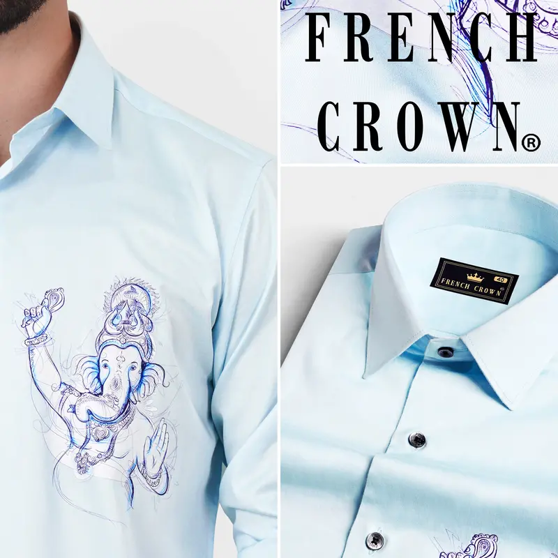 Blizzard Blue Lord Ganesha Printed Subtle Sheen Super Soft Premium Cotton Designer Shirt 1