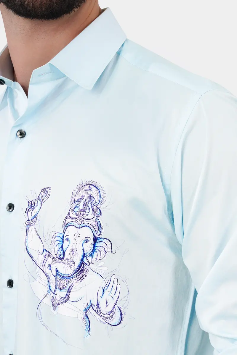 Blizzard Blue Lord Ganesha Printed Subtle Sheen Super Soft Premium Cotton Designer Shirt 2