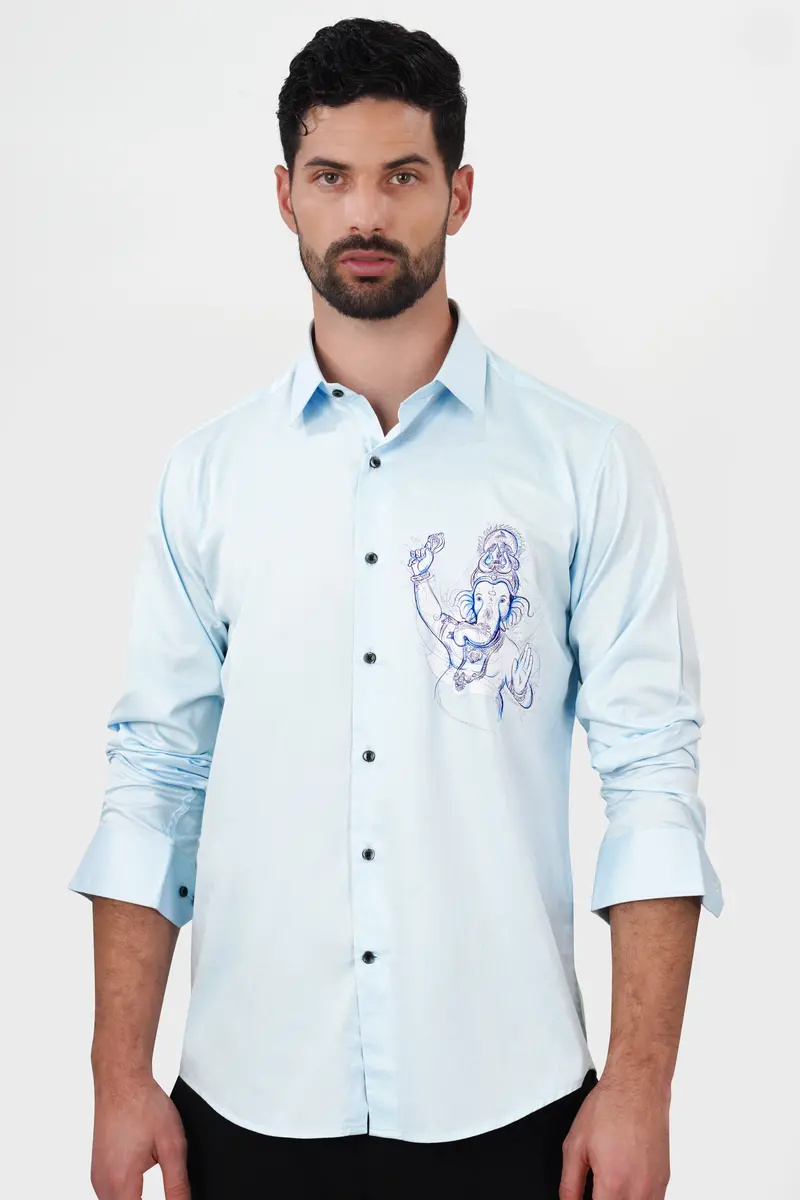Blizzard Blue Lord Ganesha Printed Subtle Sheen Super Soft Premium Cotton Designer Shirt 7