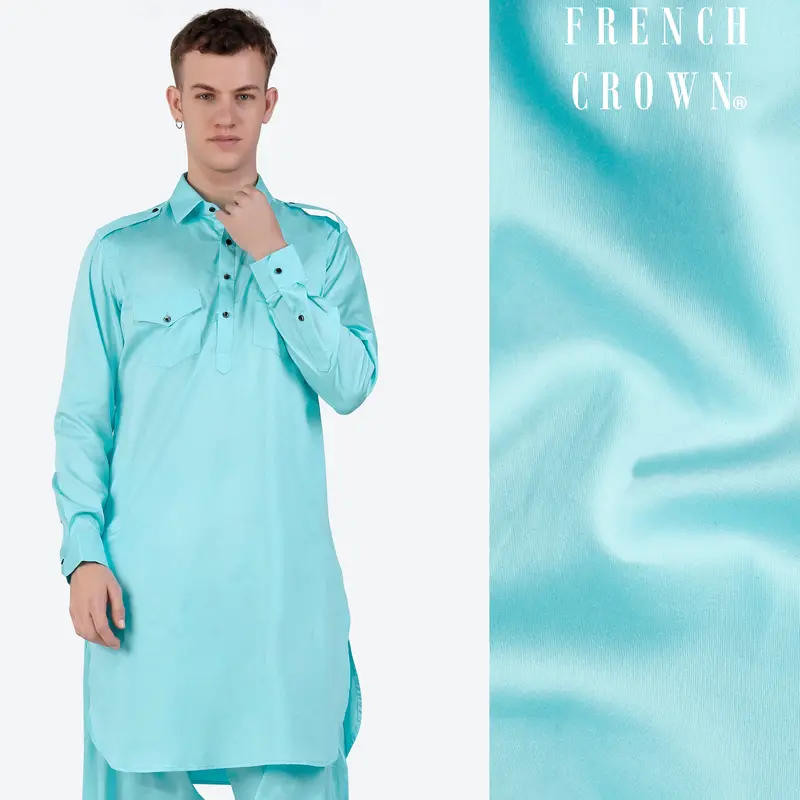 Blizzard Blue Subtle Sheen Super Soft Premium Cotton Pathani Kurta 1