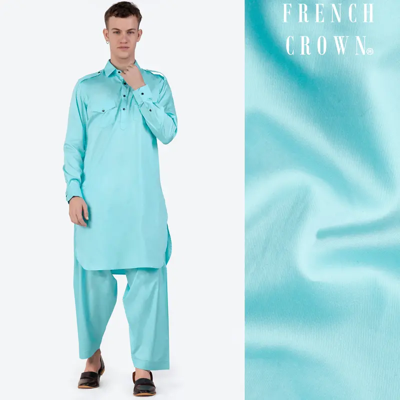 Blizzard Blue Subtle Sheen Super Soft Premium Cotton Pathani Set 1