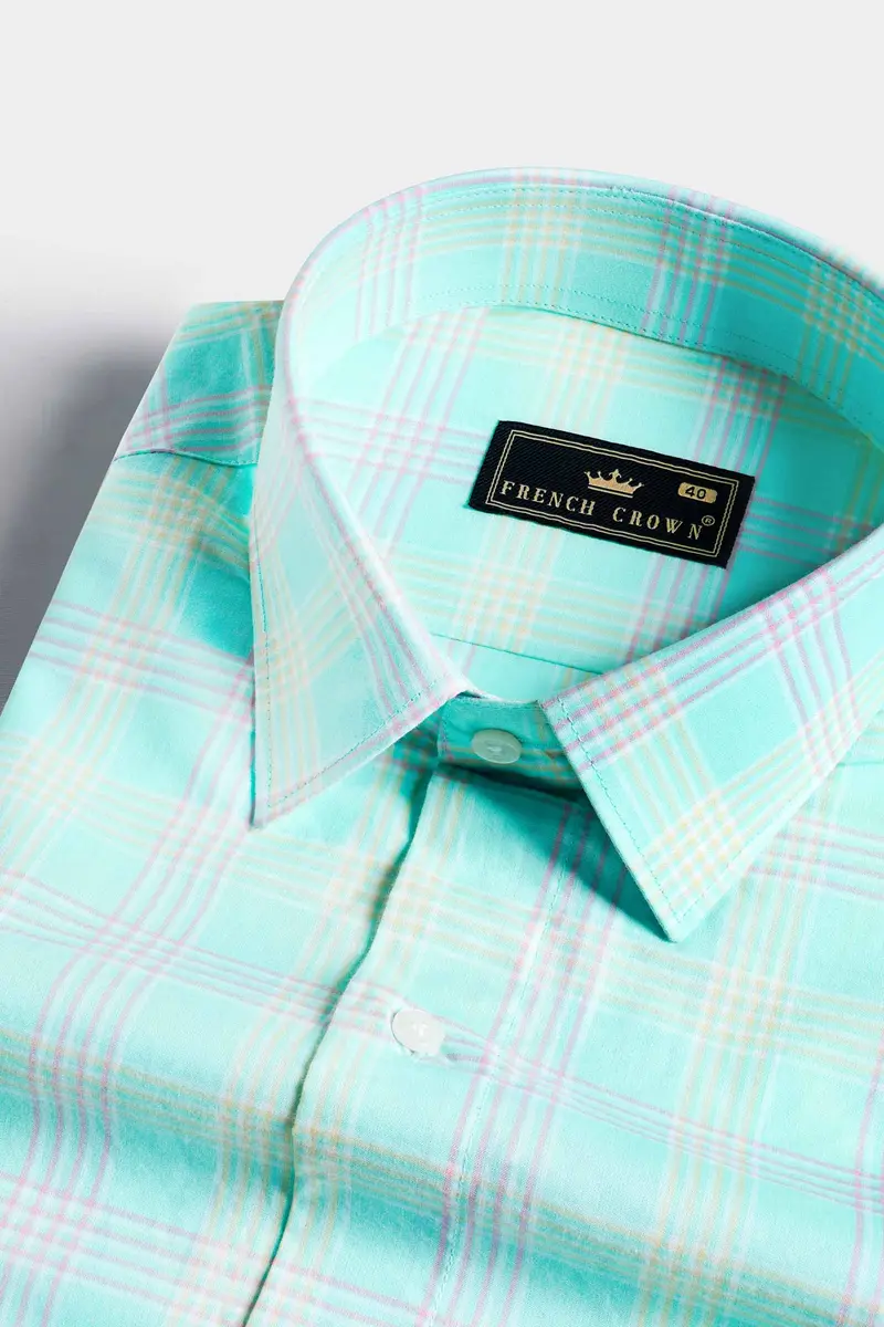 Blizzard Blue With Lilac Purple And Buff Yellow Checkered Premium Cotton Shirt 1