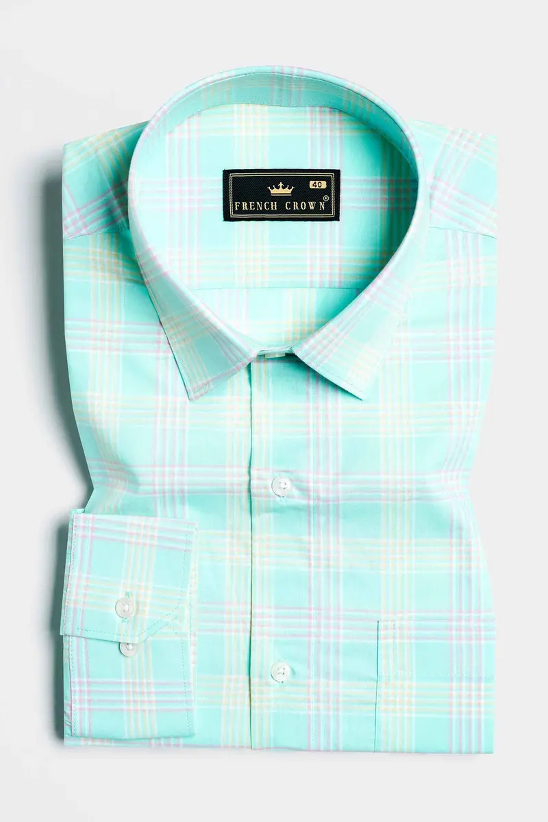 Blizzard Blue With Lilac Purple And Buff Yellow Checkered Premium Cotton Shirt 3