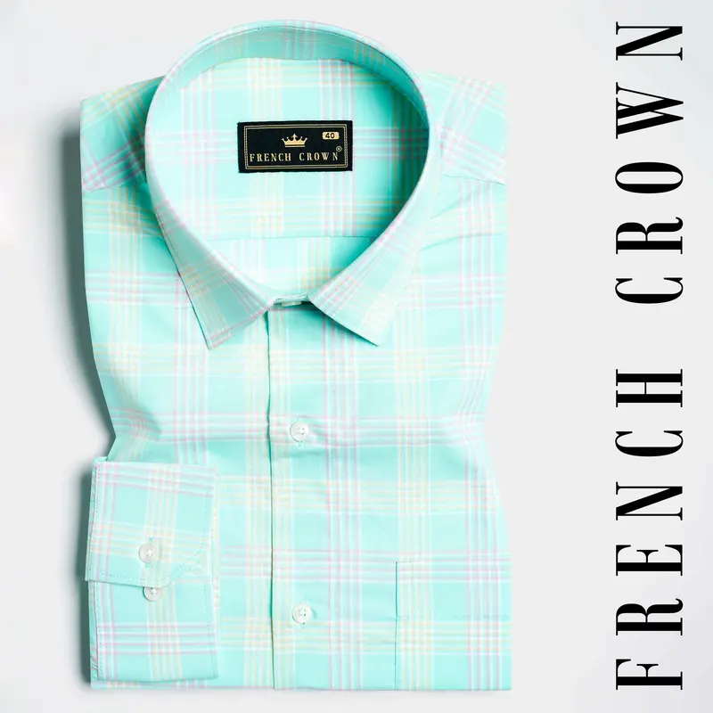 Blizzard Blue With Lilac Purple And Buff Yellow Checkered Premium Cotton Shirt 4