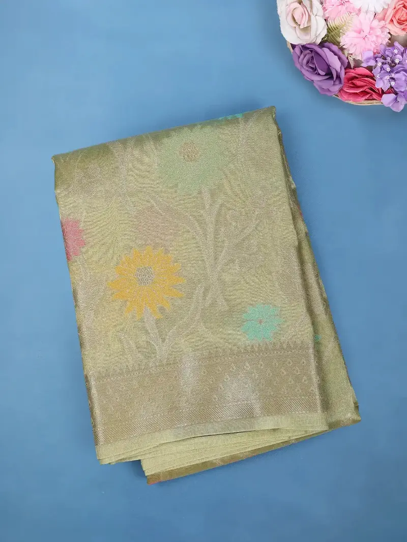 Blond Gold Floral Design Tissue Silk Saree 1