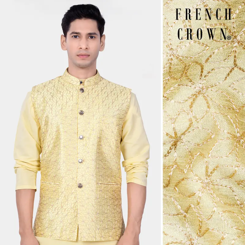 Blond Yellow Flower Embroidered Nehru Jacket 1