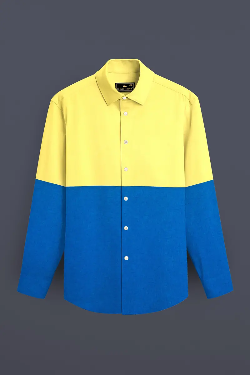Blond Yellow With Bondi Blue Luxurious Linen Designer Shirt 2