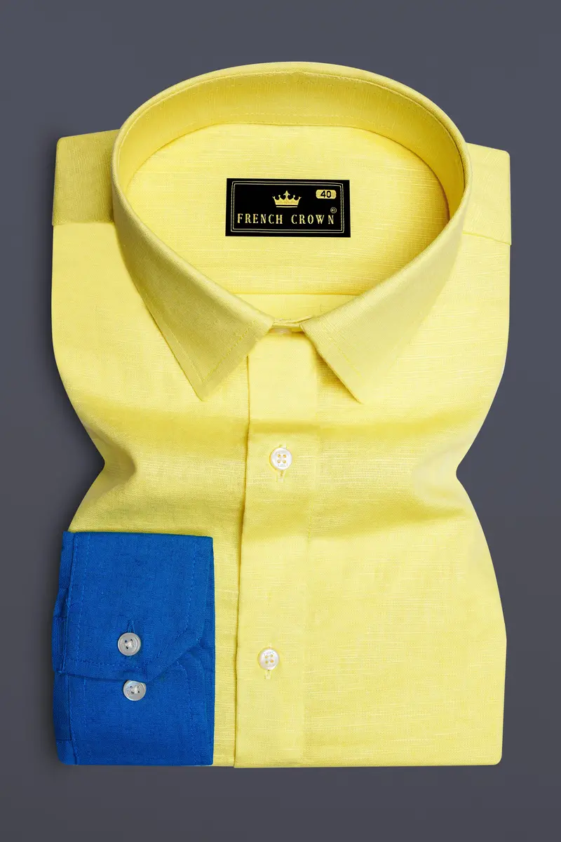 Blond Yellow With Bondi Blue Luxurious Linen Designer Shirt 5