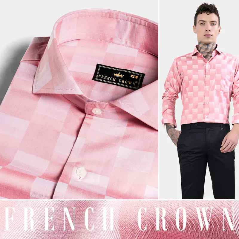 Blossom Pink And Prim Lavender Checked Jacquard Textured Premium Giza Cotton Shirt 4