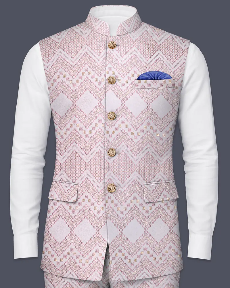 Blossom Pink Chevron Thread Embroidered Designer Nehru Jacket 1