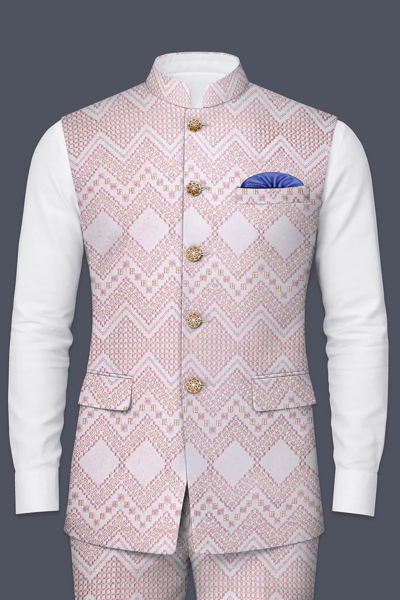 Blossom Pink Chevron Thread Embroidered Designer Nehru Jacket 2