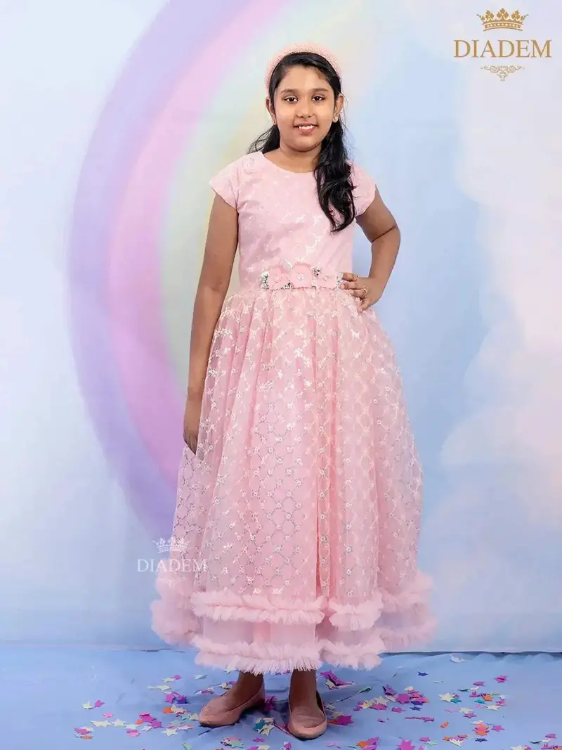 Blossom Pink Ruffled Gown Embellished In Sequins With Flower Buds 1