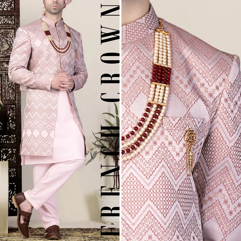 Blossom Pink Thread And Chevron Sequin Embroidered Indo-Western Sherwani 1