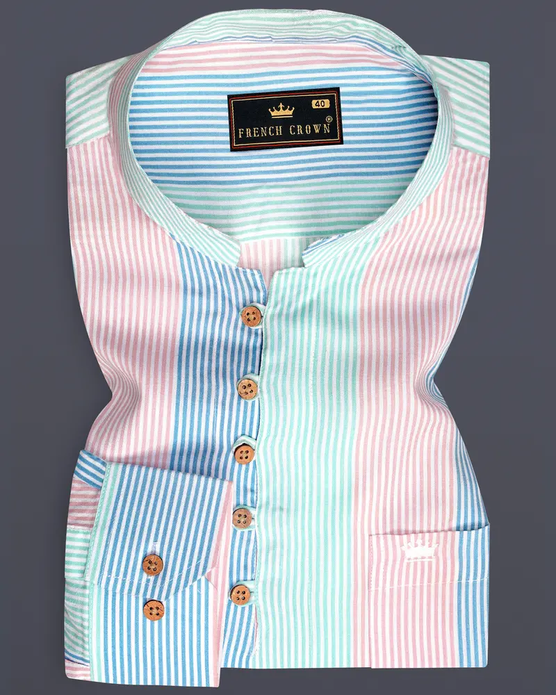 Blossom Pink With Glacier Blue And Riptide Green Pinstriped Premium Tencel Kurta Shirt 1