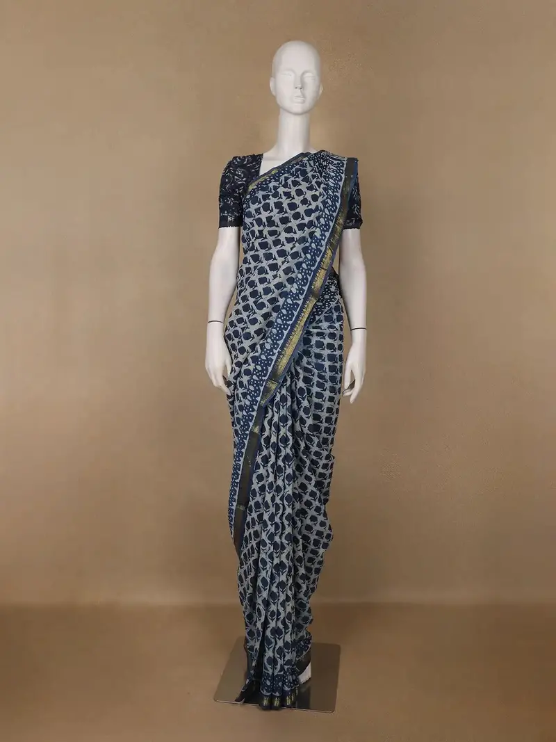 Blue Abstrack Printed Cotton Saree 1