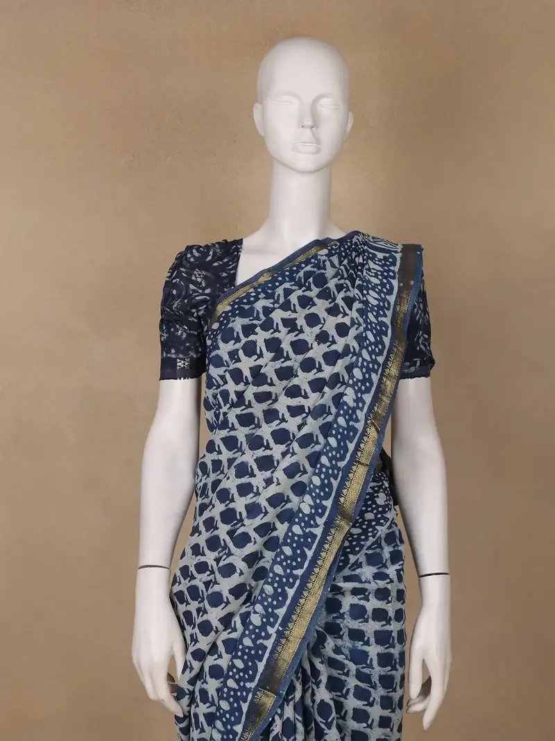 Blue Abstrack Printed Cotton Saree 2
