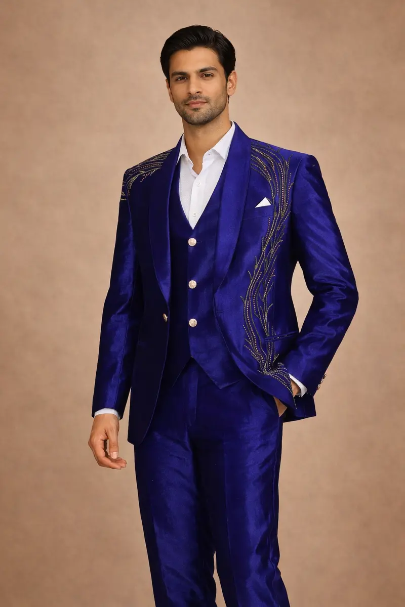 Blue Abstract Embroidery Velvet Men's Suit 1