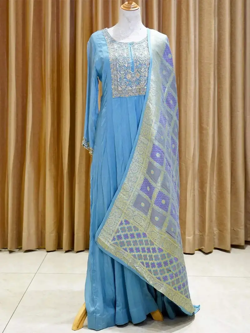 Blue Anarkali Salwar Suit Adorned With Sequins And Zardosi Work Along With Dupatta 1