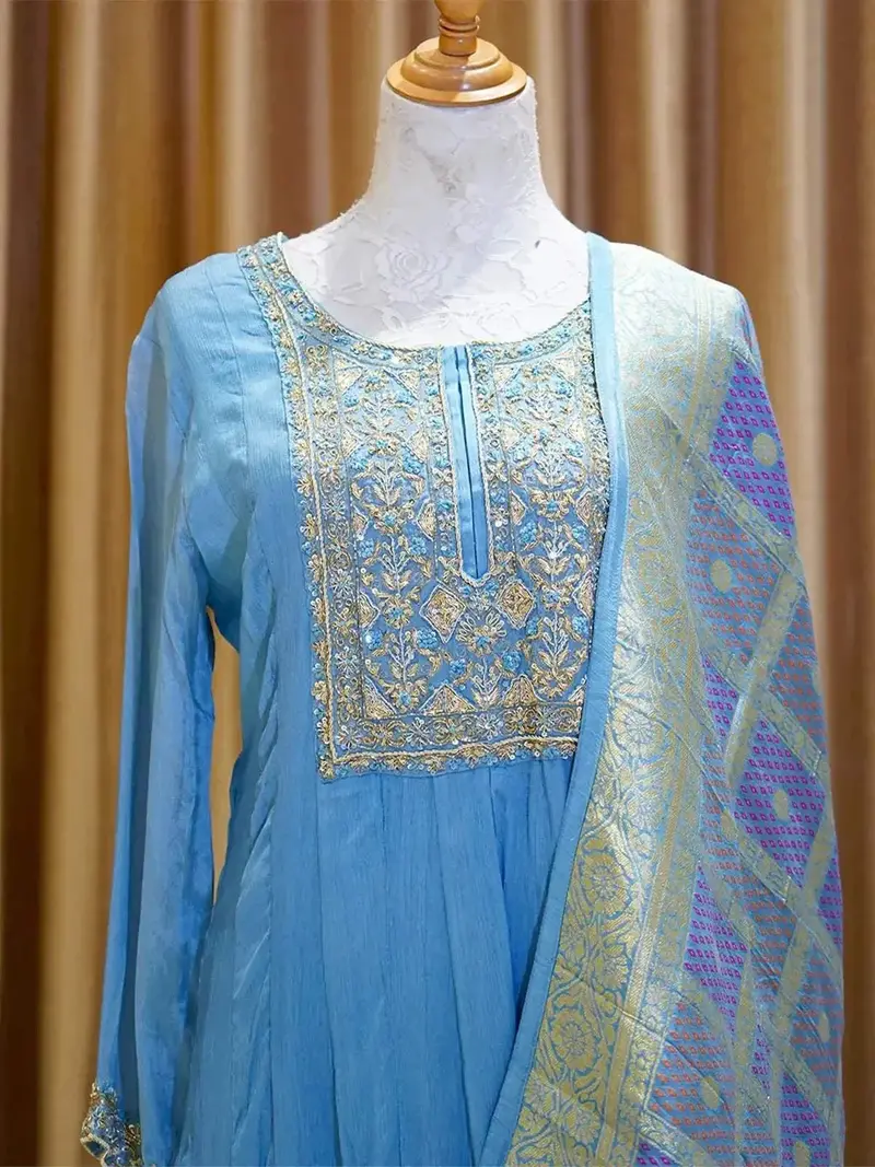 Blue Anarkali Salwar Suit Adorned With Sequins And Zardosi Work Along With Dupatta 2
