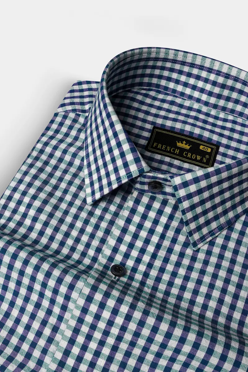 Blue And Bright White Gingham Checked Oxford Premium Cotton Shirt 1