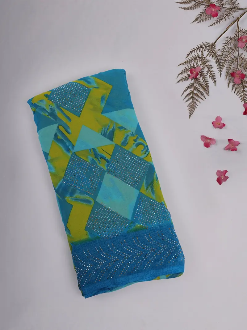 Blue And Green Abstract Patch Printed Chiffon Saree With Stone Embellished Border 1