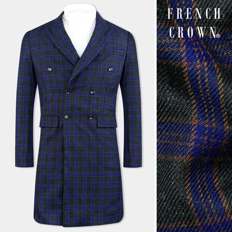 Blue And Piano Black Plaid Tweed Double Breasted Overcoat 1