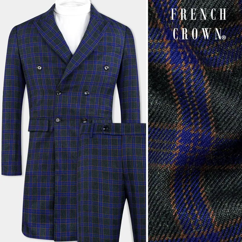 Blue And Piano Black Plaid Tweed Double Breasted Overcoat With Pant 1