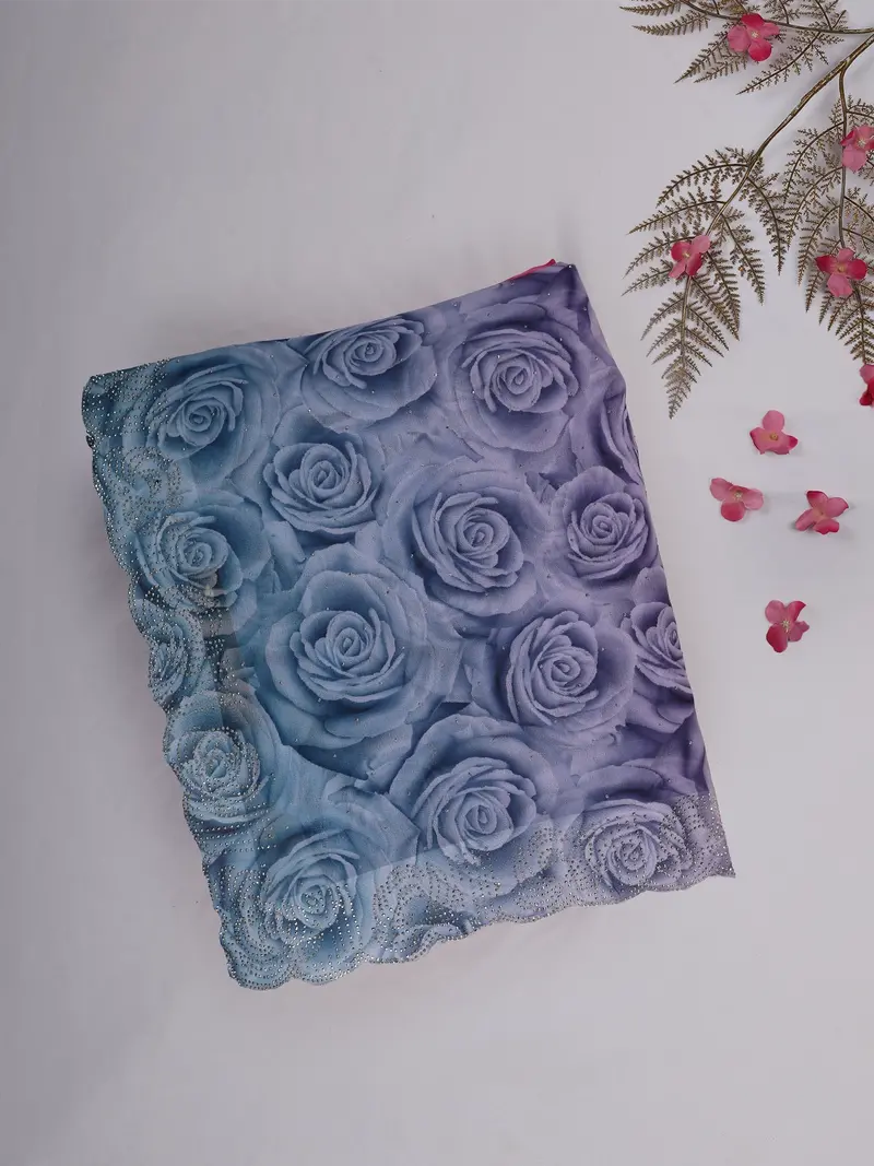 Blue And Purple Ombre Floral Printed Design Chiffon Saree 1