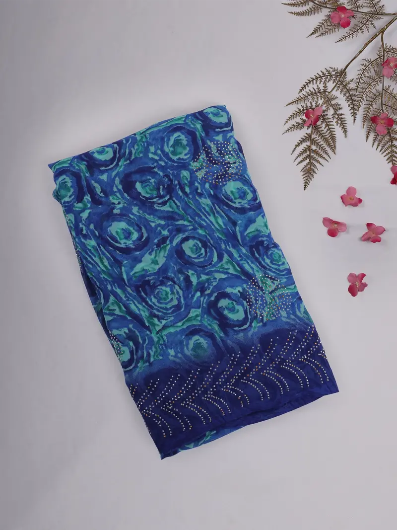 Blue And Turquoise Abstract Printed Design Chiffon Saree With Stone Embellished Border 1
