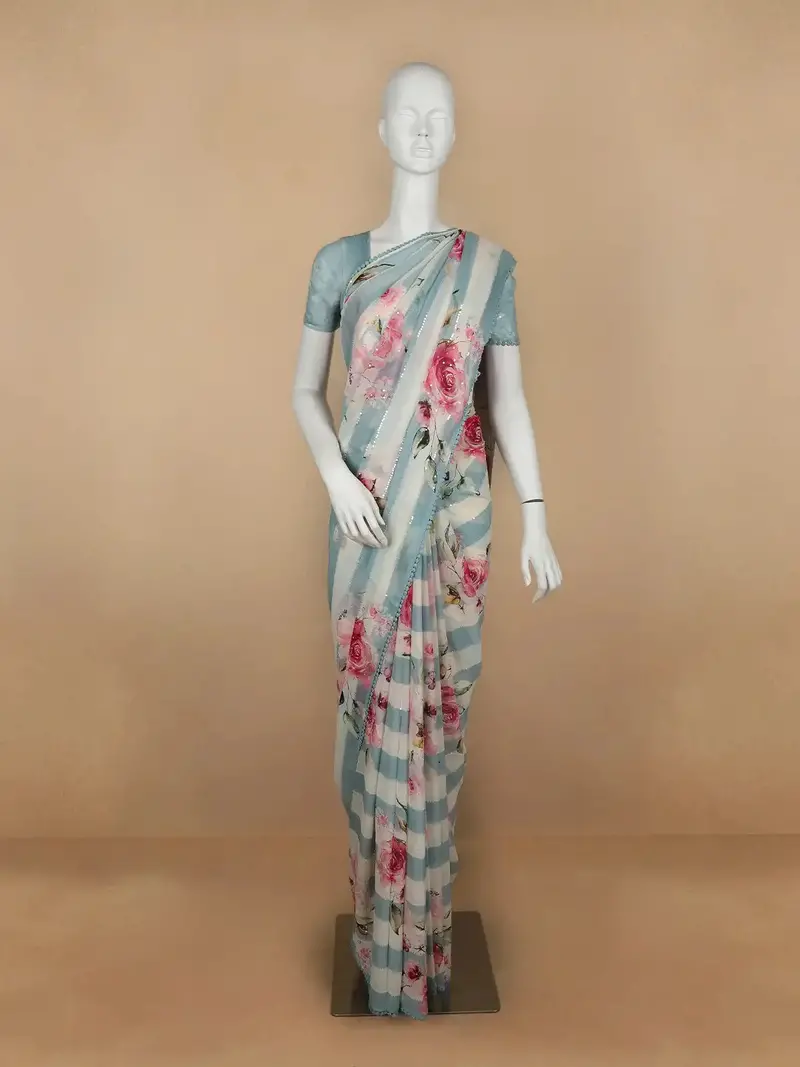 Blue And White Striped And Floral Printed Chiffon Saree 1