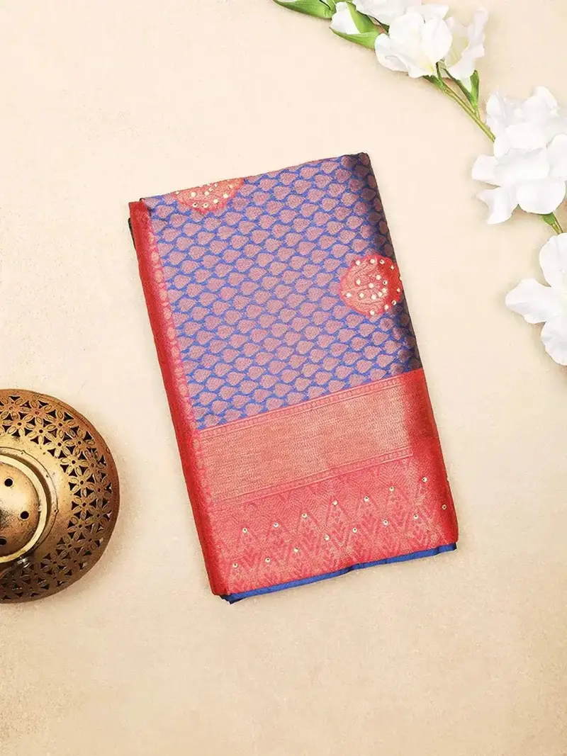 Blue Art Silk Saree With Flower And Diamond Patterns On The Body With Designed Border 1