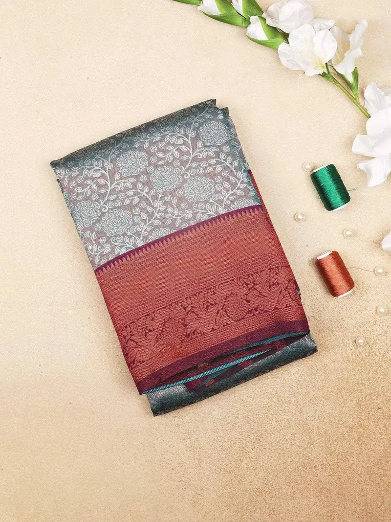 Blue Art Silk Saree With Flower Jacquard Design  On The Body With Contrast Zari Border 1